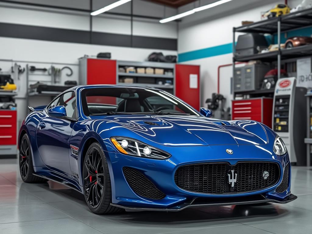Maserati deportivo azul en taller mecánico moderno con herramientas y estanterías al fondo