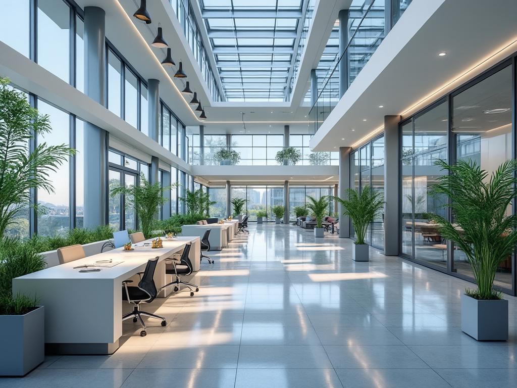 Oficina moderna con grandes ventanales, plantas decorativas y escritorios blancos en un espacio amplio y luminoso.