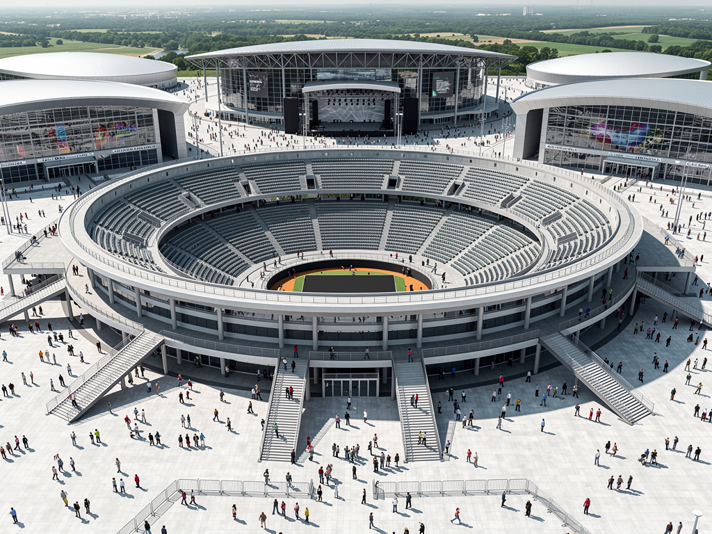 Vista aérea de un estadio moderno con gradas circulares, escenario para conciertos y multitud en la plaza exterior