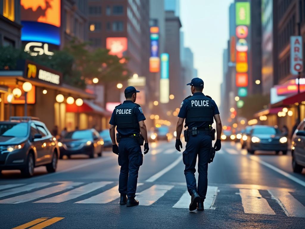 Dos oficiales de policía patrullando una calle concurrida iluminada por letreros brillantes al atardecer.