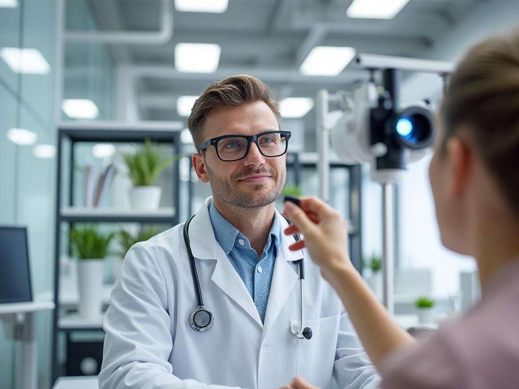 Médico con gafas y bata blanca conversando con paciente en consultorio moderno.