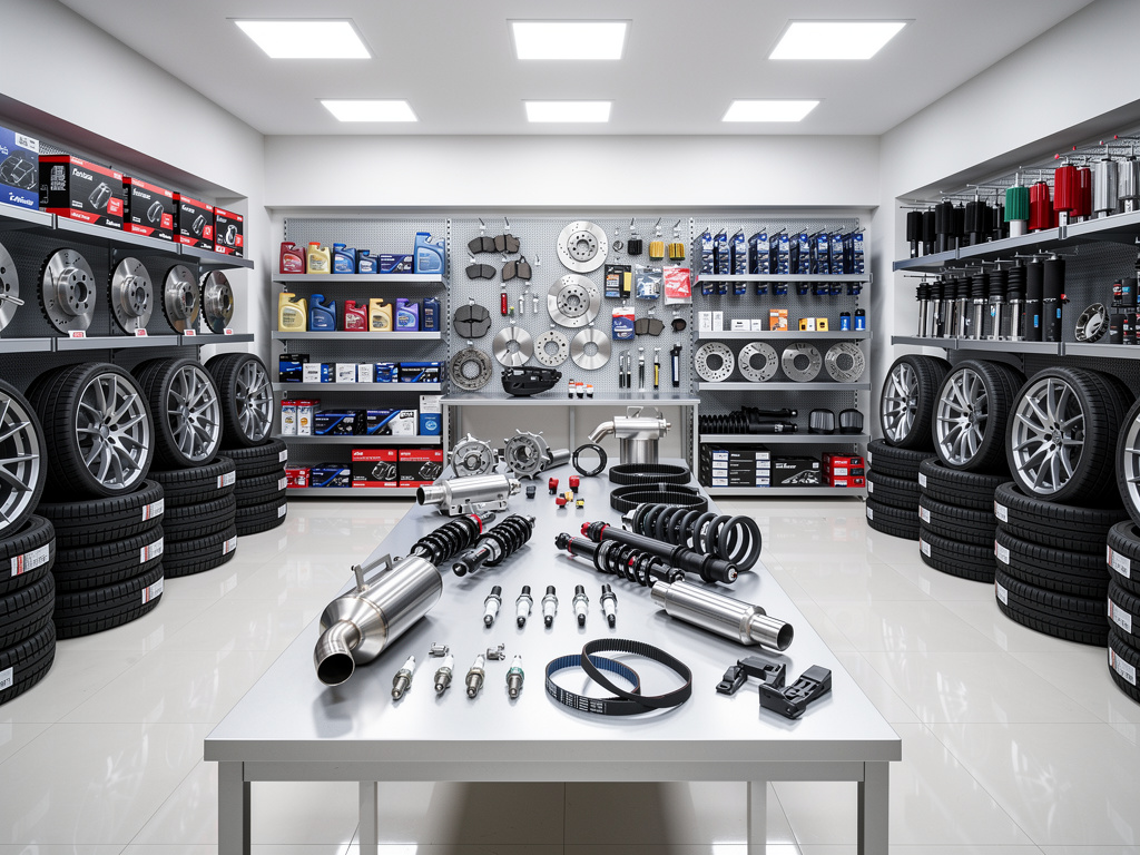 Tienda de repuestos de automóvil con neumáticos, llantas, frenos, aceites y piezas mecánicas en exposición Tienda de repuestos de automóvil con neumáticos, llantas, frenos, aceites y piezas mecánicas en exposición