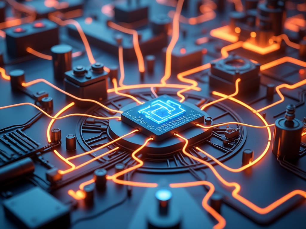 Circuito integrado con diseño futurista y líneas luminosas naranjas sobre placa base.