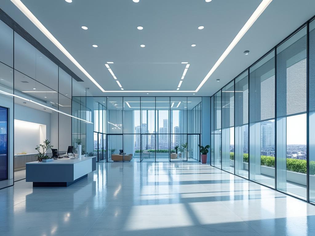 Oficina moderna y luminosa con ventanas grandes, vista a la ciudad y decoración minimalista.