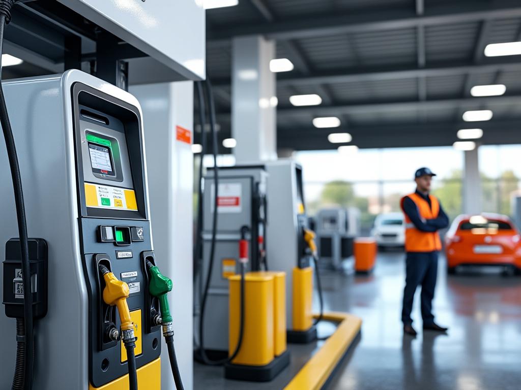 Estación de servicio moderna con surtidor de combustible y operario de seguridad, auto naranja estacionado al fondo.
