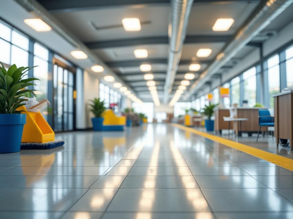 Pasillo moderno y luminoso con plantas en macetas azules, señalización amarilla y ventanas en ambos lados.