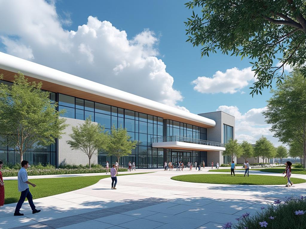 Edificio moderno con fachada de vidrio y personas caminando por el camino pavimentado, rodeado de árboles y cielo azul.