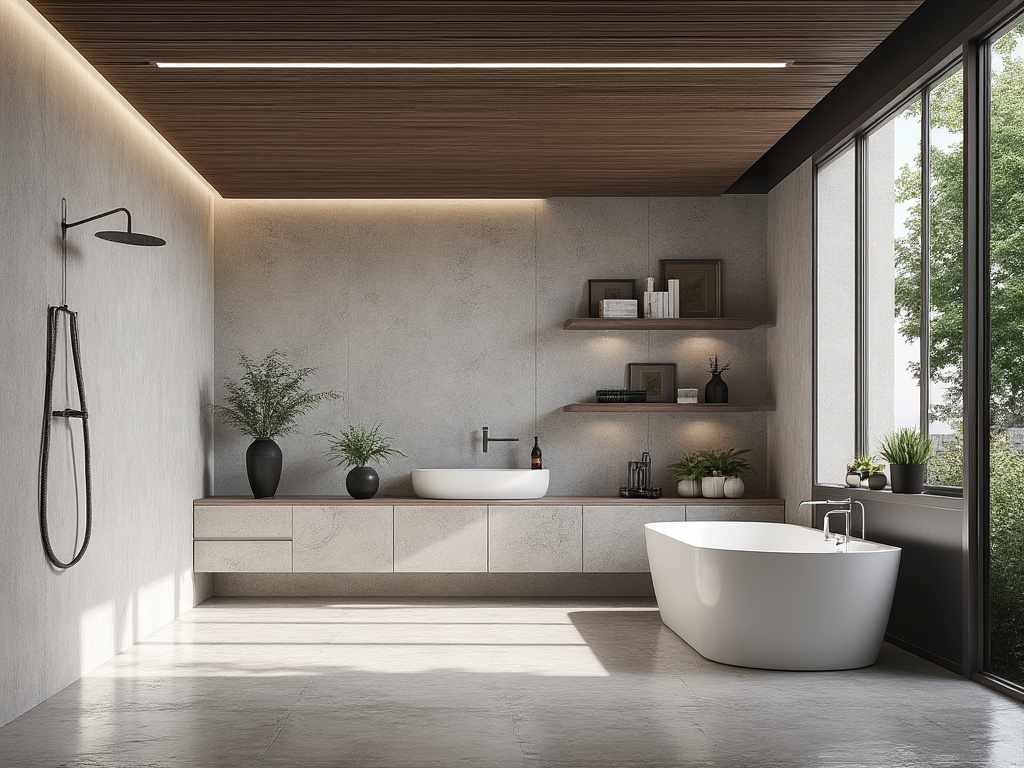 Modern luxury bathroom with freestanding white bathtub, wood ceiling, large windows, concrete walls, vanity, plants, and wall-mounted shower