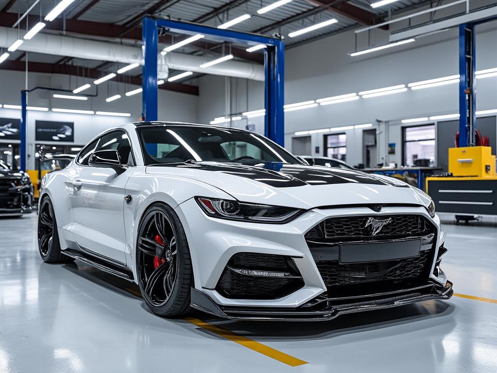 White sports car with black accents parked in a modern auto workshop, featuring lifted car bays and bright overhead lighting.