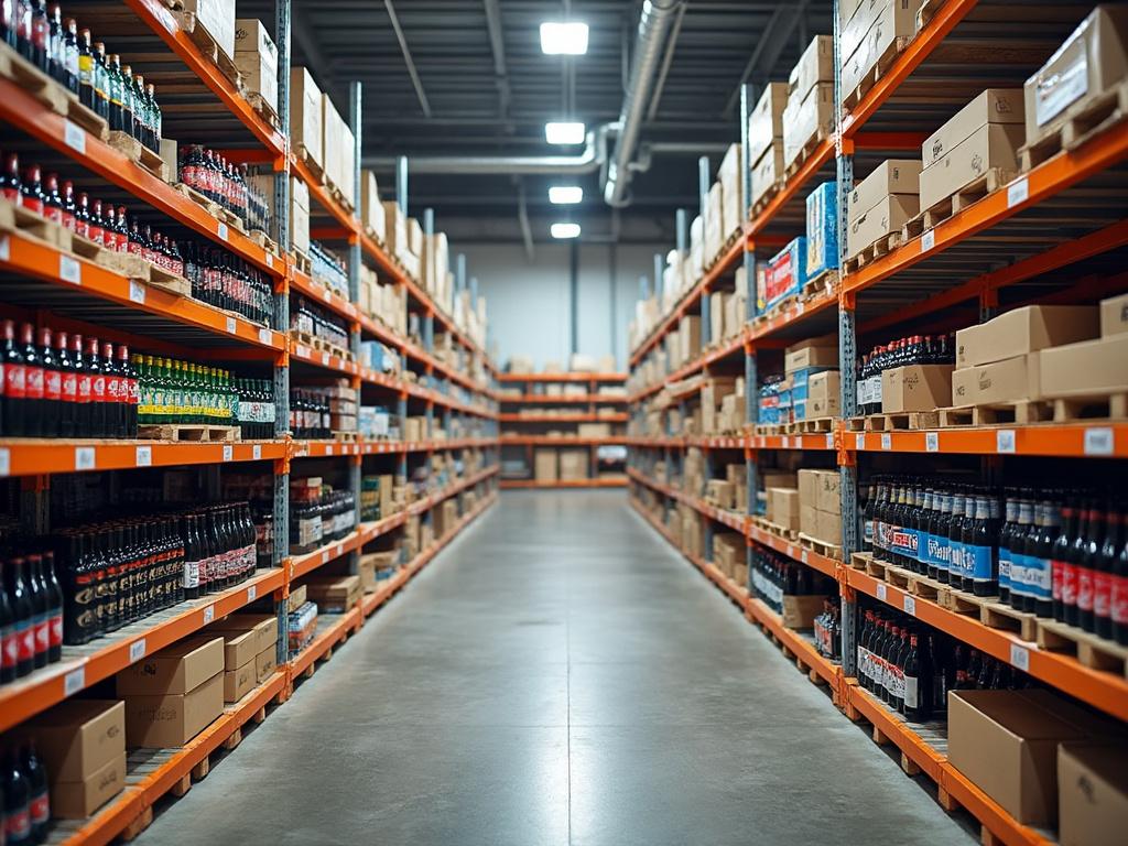 Pasillo de un almacén con estanterías llenas de cajas y botellas.
