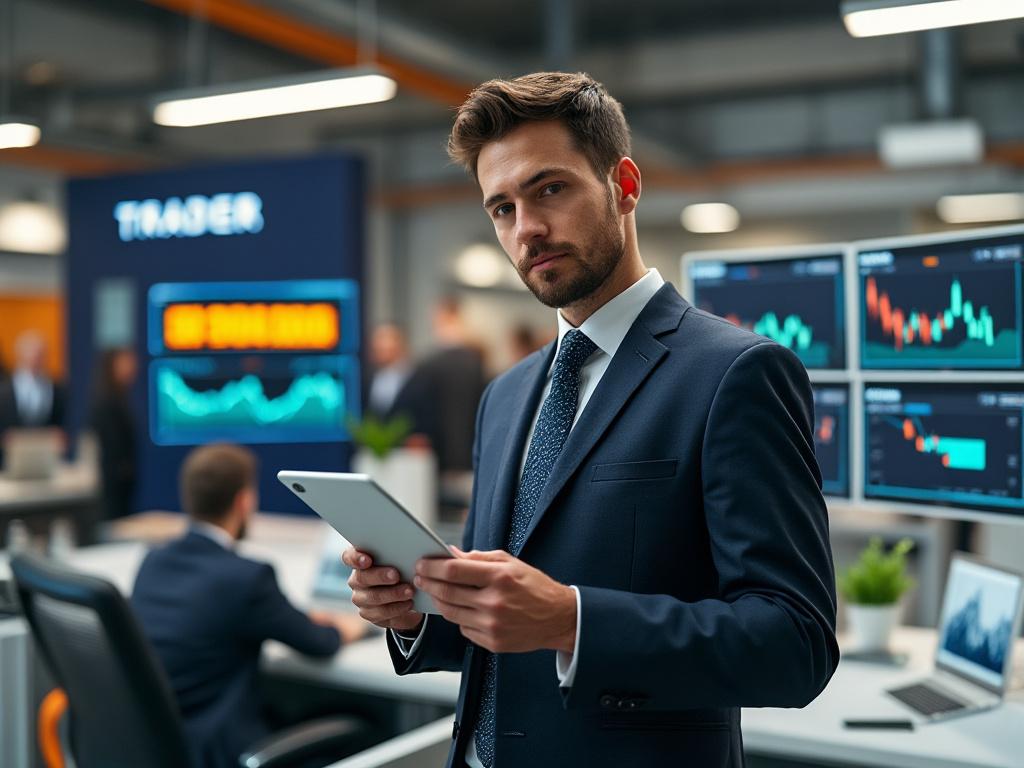 Hombre de negocios sosteniendo una tableta en una oficina moderna con pantallas de gráficos financieros.