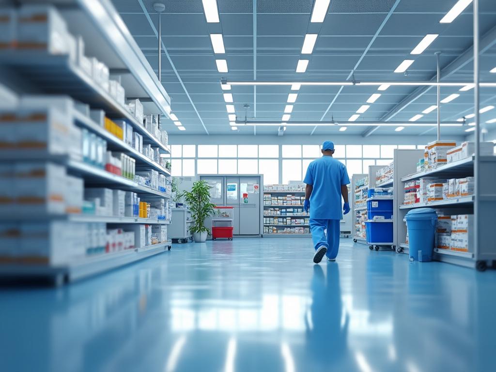 Pasillo de farmacia con estanterías llenas de medicamentos y personal médico caminando por el pasillo. Pasillo de farmacia con estanterías llenas de medicamentos y personal médico caminando por el pasillo.