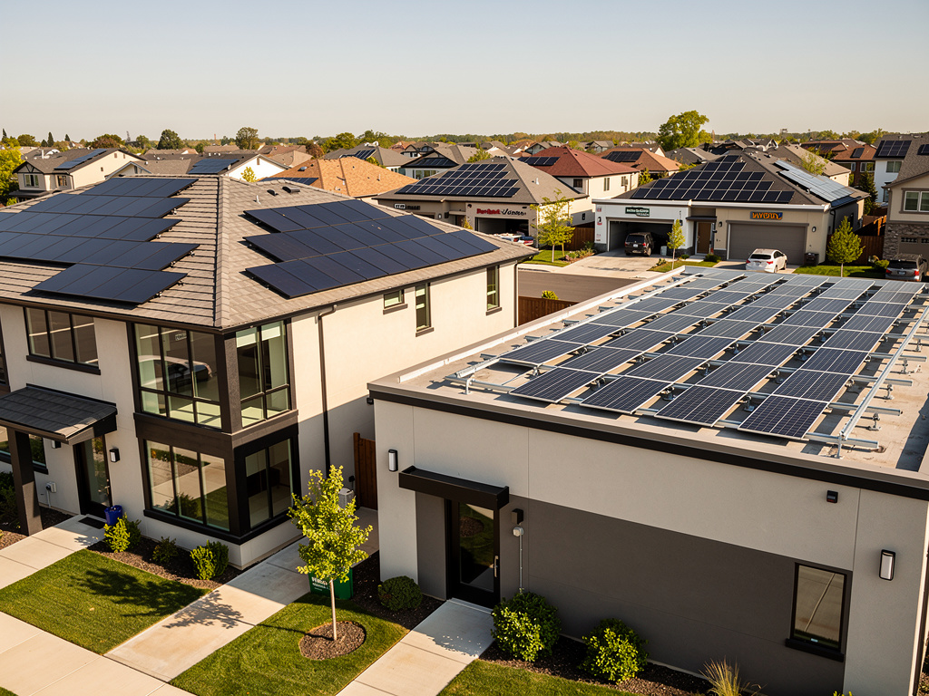 Casas modernas en vecindario residencial con paneles solares en los techos y calles suburbanas