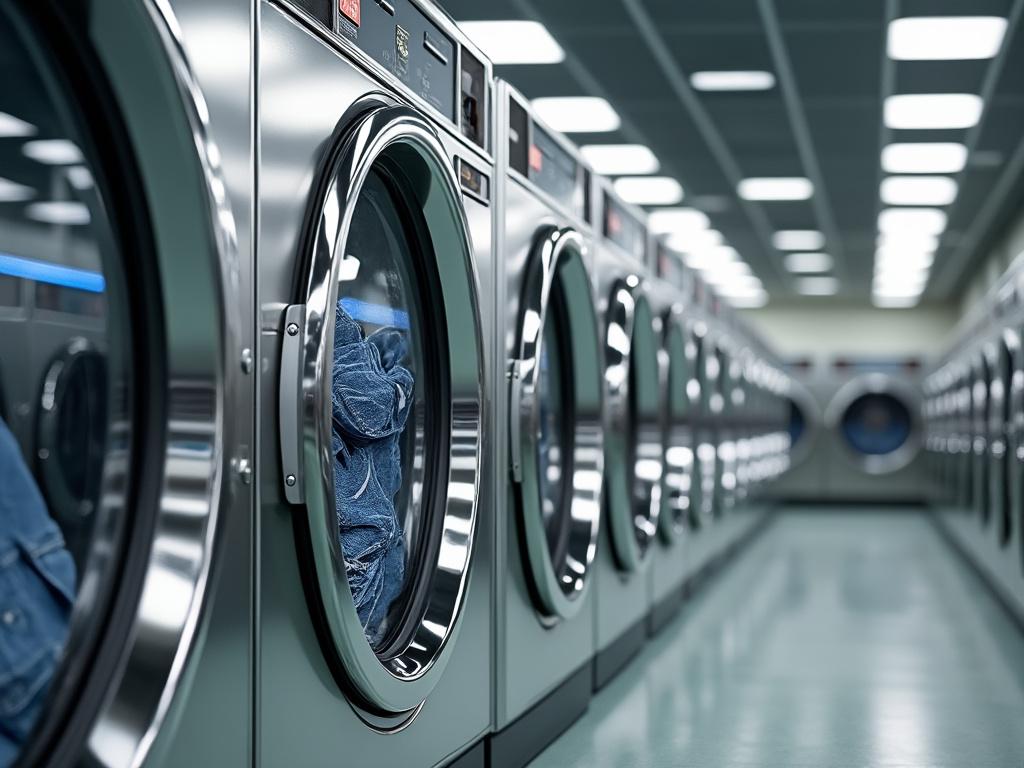 Fila de lavadoras de acero inoxidable en una lavandería, con jeans visibles en una de ellas.