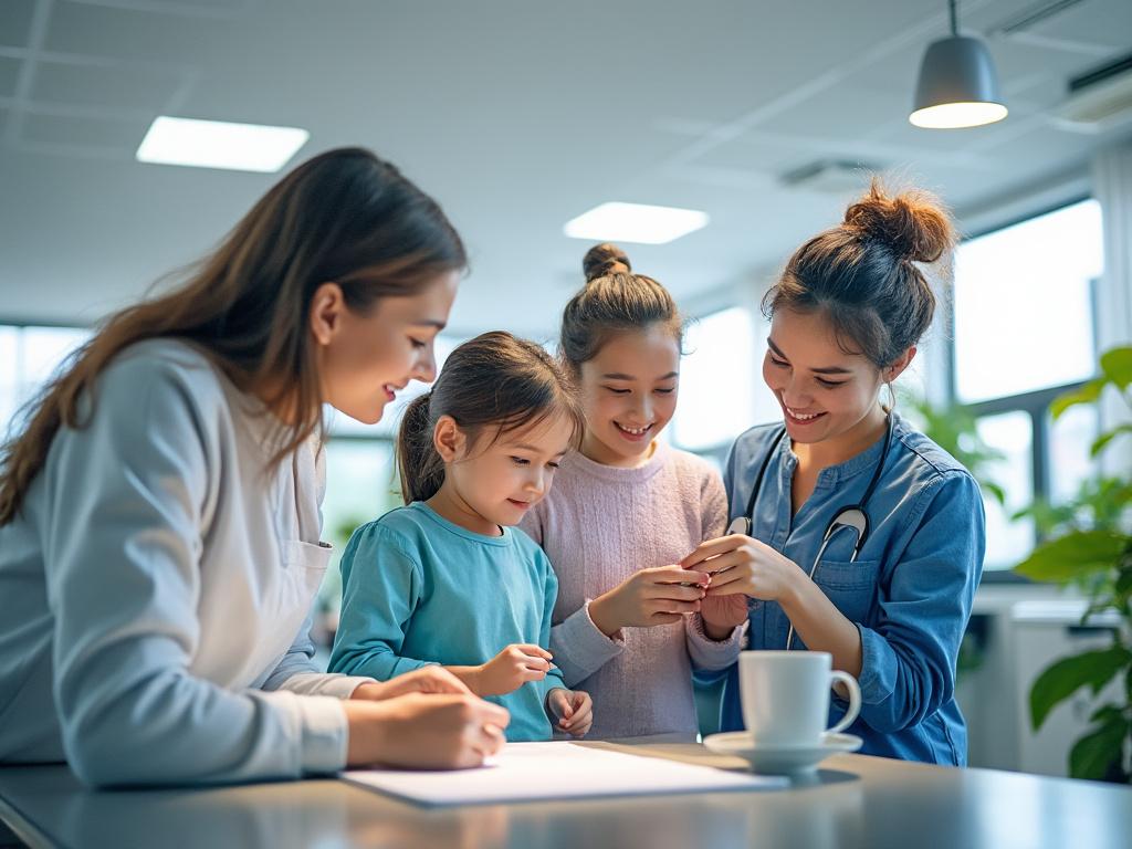 Médica interactuando con dos niñas y una mujer en una consulta iluminada, mostrando atención y cuidado.