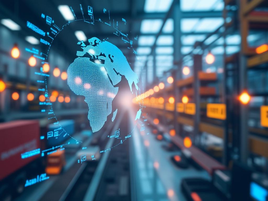 Holograma digital del mapamundi frente a un almacén industrial moderno iluminado, destacando tecnología avanzada en logística.