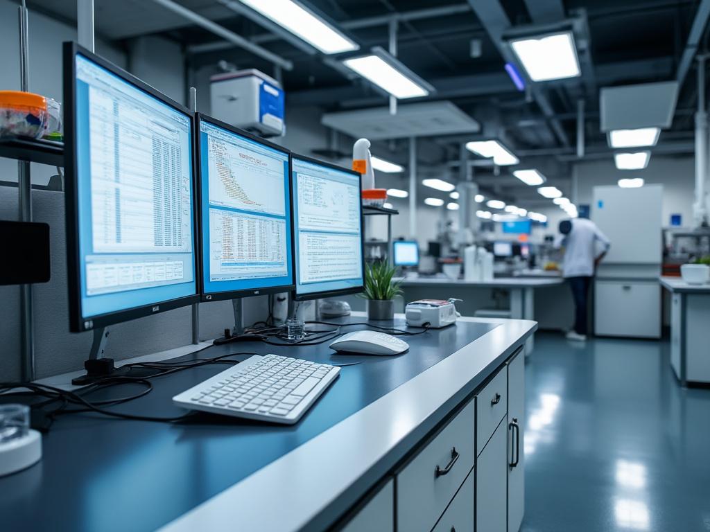 Estación de trabajo en laboratorio moderno con tres monitores mostrando datos, teclado y ratón; ambiente de alta tecnología con iluminación LED y persona trabajando al fondo.