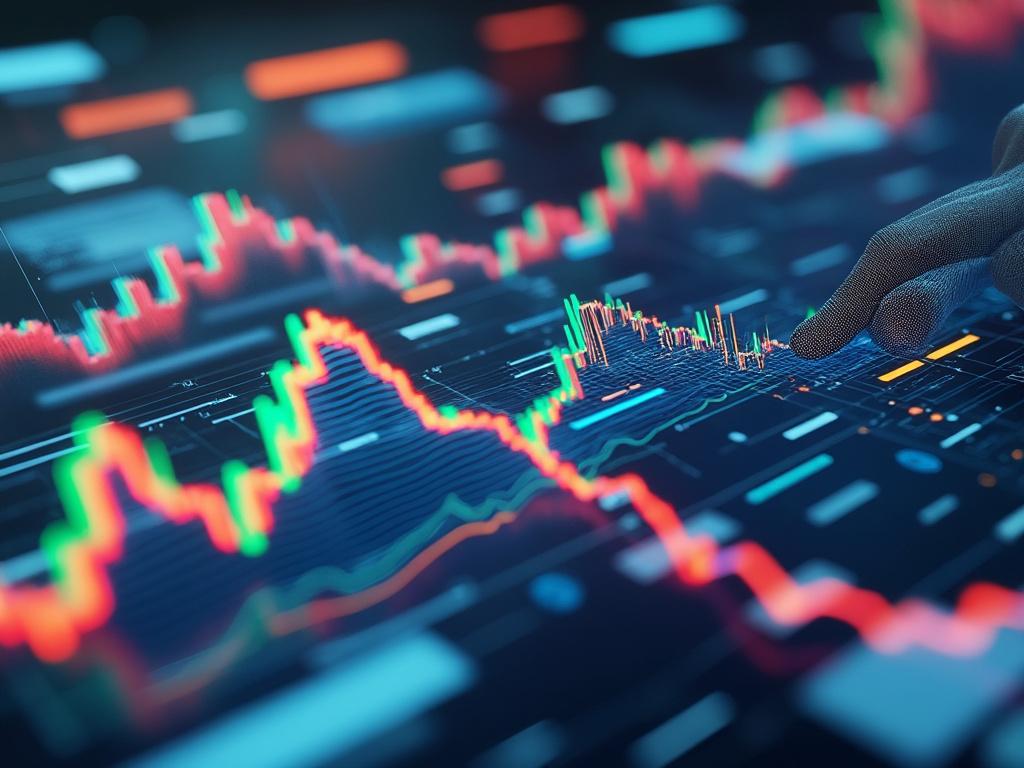 Pantalla de gráficos financieros con líneas de tendencia y un dedo apuntando a un gráfico.