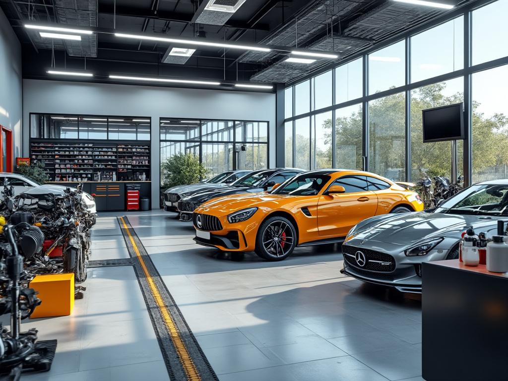 Interior de un taller automotriz moderno con coches deportivos de lujo, incluyendo uno amarillo y otro plateado, iluminados por luz natural.