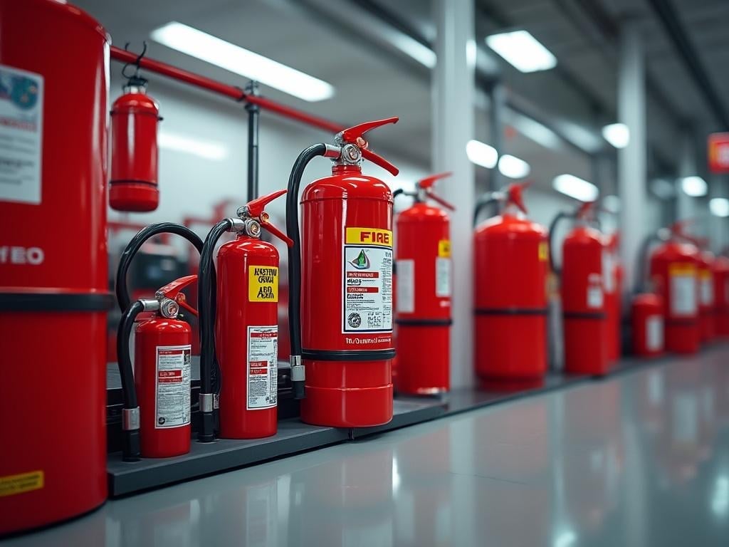 Fila de extintores rojos en un almacén bien iluminado.