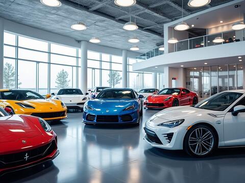 Luxury car showroom with various sports cars, including red, yellow, blue, and white models, inside a modern dealership with large windows and a mezzanine. Luxury car showroom with various sports cars, including red, yellow, blue, and white models, inside a modern dealership with large windows and a mezzanine.