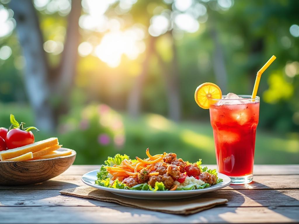 Ensalada fresca en un plato con pollo frito y zanahorias, acompañada de una bebida roja con hielo y rodaja de limón sobre una mesa de madera al aire libre. Ensalada fresca en un plato con pollo frito y zanahorias, acompañada de una bebida roja con hielo y rodaja de limón sobre una mesa de madera al aire libre.