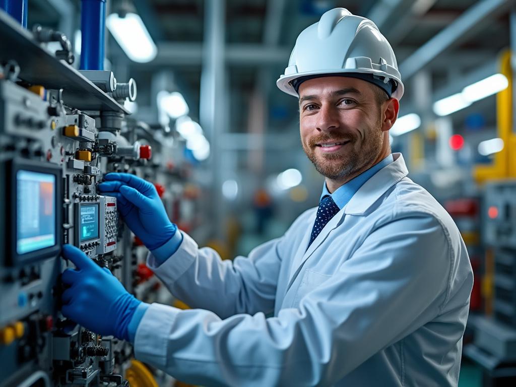 Ingeniero sonriendo con casco y guantes en planta industrial, ajustando controles de un panel.