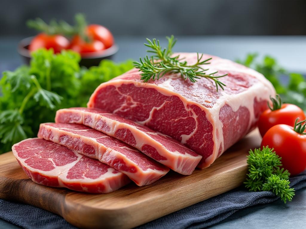 Carne cruda en tabla de cortar con hierbas y tomates frescos de fondo.