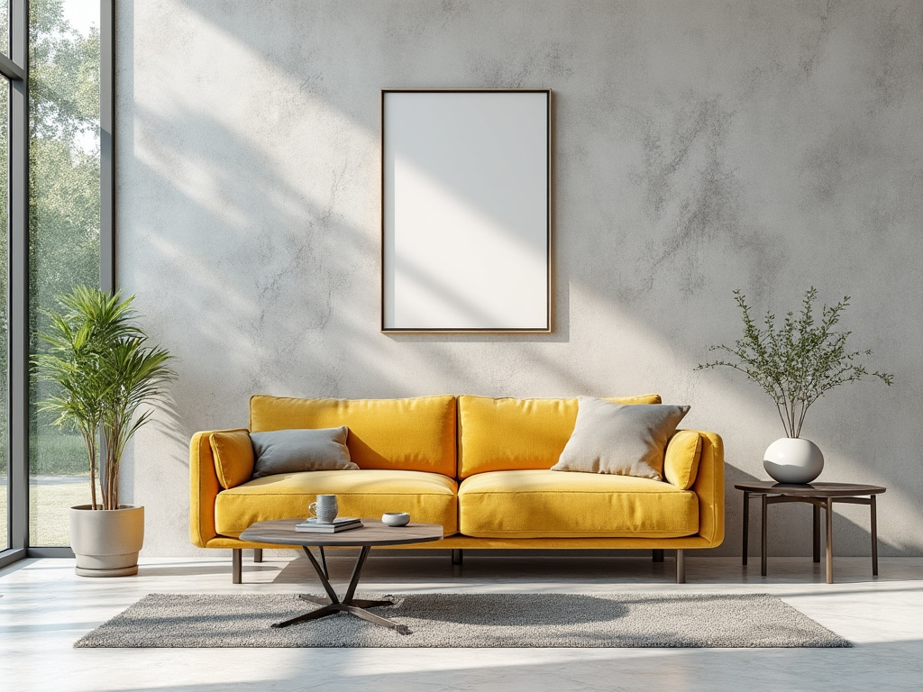Modern living room with yellow sofa, blank wall art, plants, coffee table, and natural sunlight