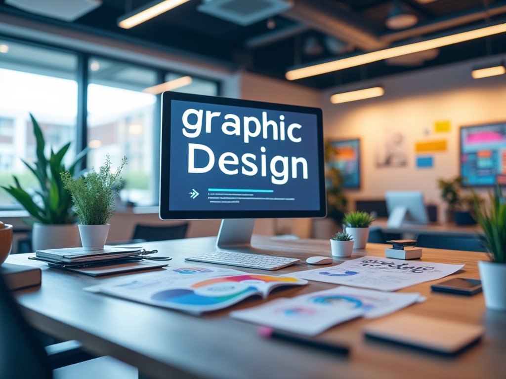 Mesa de oficina moderna con pantalla de computadora que muestra 'graphic design', rodeada de plantas y materiales de diseño gráfico, en un espacio de trabajo bien iluminado. Mesa de oficina moderna con pantalla de computadora que muestra 'graphic design', rodeada de plantas y materiales de diseño gráfico, en un espacio de trabajo bien iluminado.