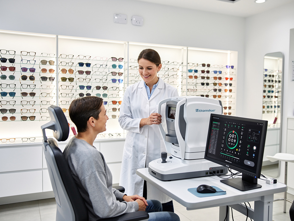 Optometrista realizando examen de la vista a paciente con equipo oftalmológico en óptica moderna