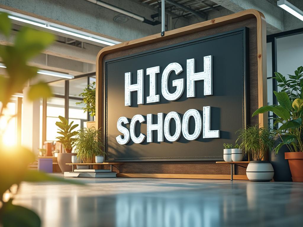 Pizarra con la inscripción 'High School' en una sala iluminada, rodeada de plantas.