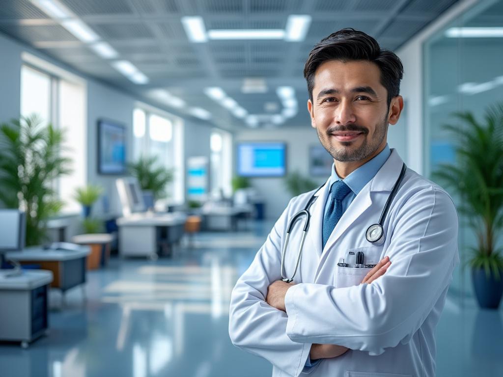 Médico sonriente con bata blanca y estetoscopio en oficina moderna iluminada, plantas decorativas y escritorios al fondo.