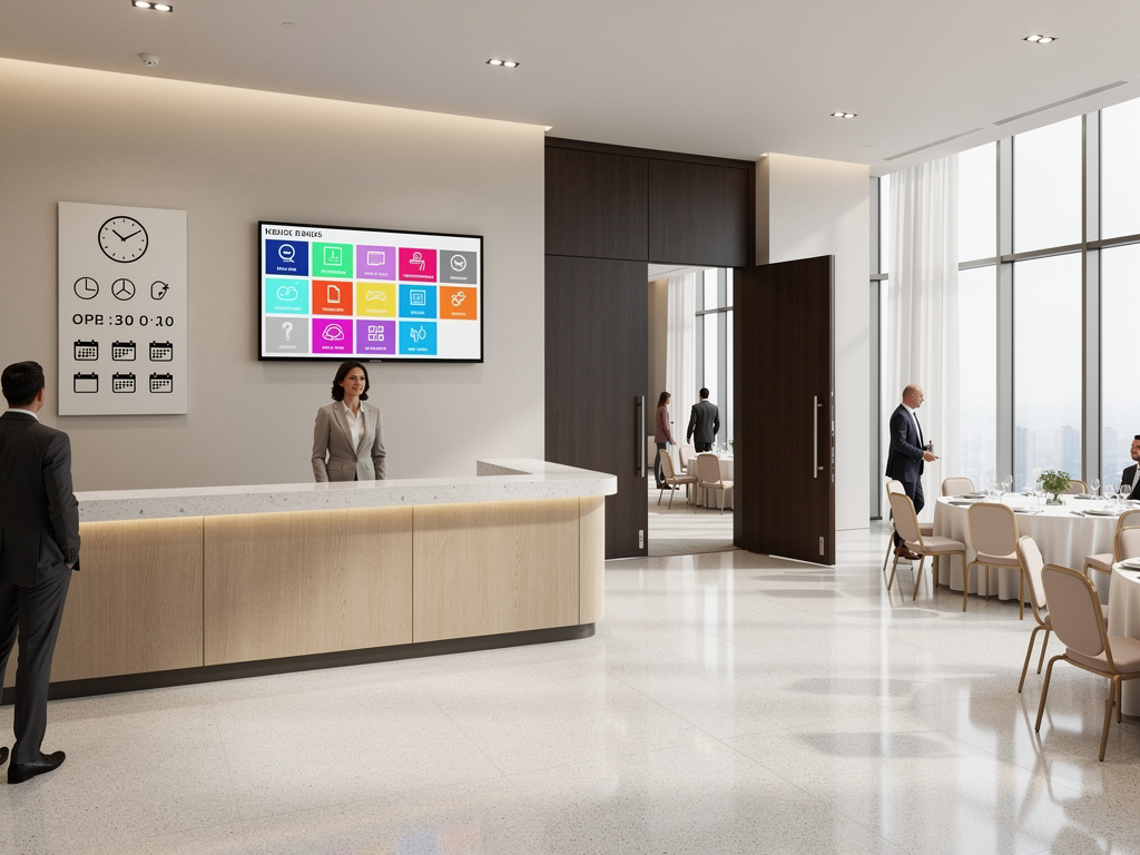 Recepción moderna de centro de conferencias con mostrador, pantalla informativa, asistentes y comedor elegante con ventanales