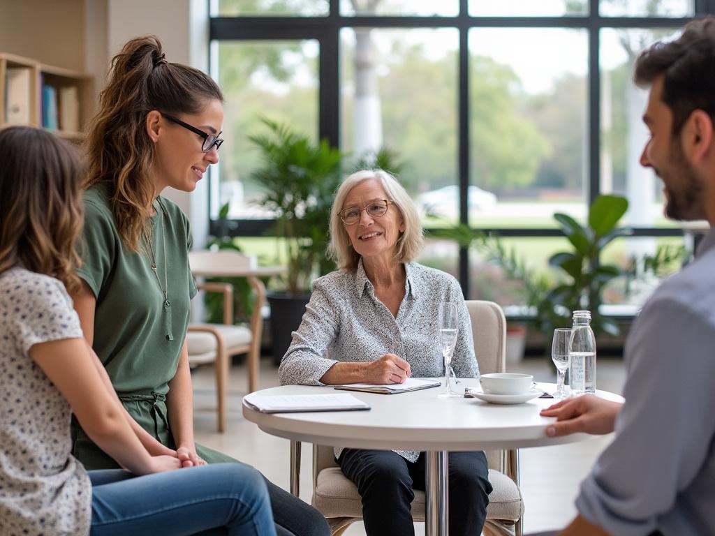 Group therapy session with smiling elderly woman leading discussion among diverse adults in a bright room with large windows and plants. Group therapy session with smiling elderly woman leading discussion among diverse adults in a bright room with large windows and plants.