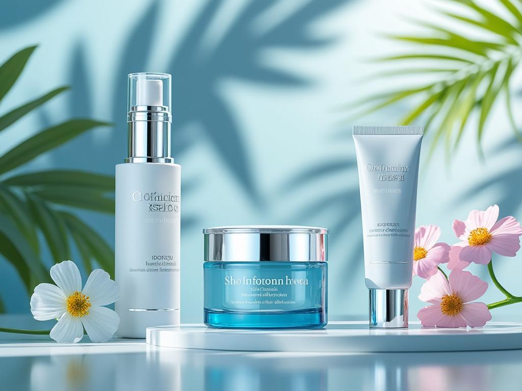 Productos de cuidado de la piel sobre un fondo azul con hojas verdes y flores rosas decorativas.