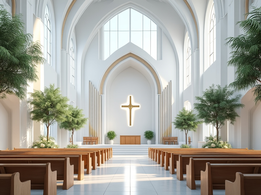 Interior de iglesia moderna con bancos de madera, plantas decorativas y una cruz iluminada en el altar.