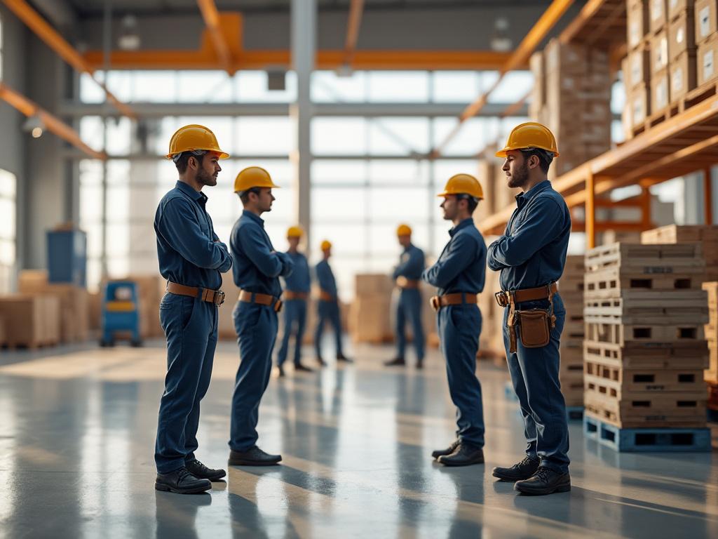 Group of workers in uniforms and yellow helmets standing in a warehouse with shelves and pallets.