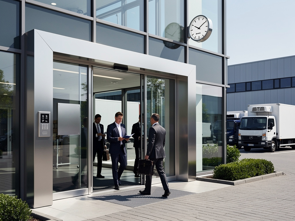 Entrada moderna de oficina con puertas automáticas, empresarios en traje y camión de reparto en zona corporativa
