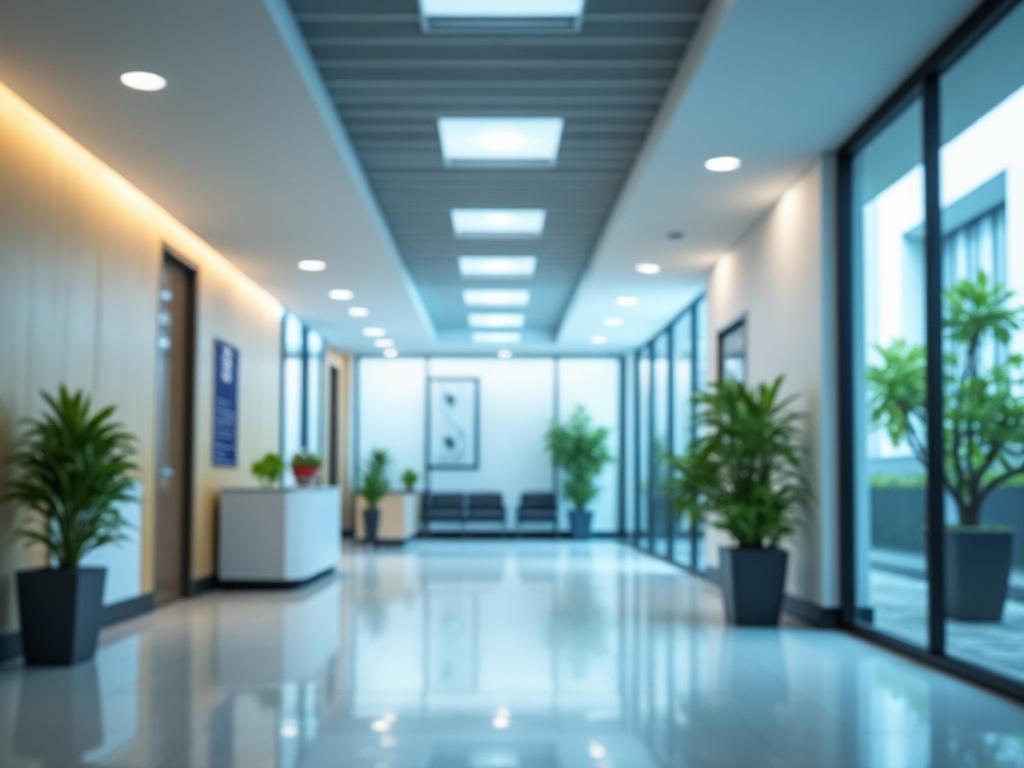 Pasillo moderno de oficina con plantas en macetas y luz natural a través de ventanas grandes