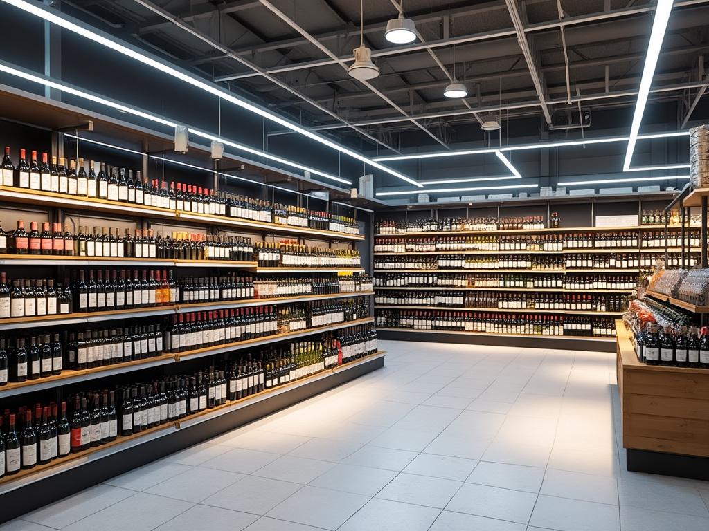 Interior de una tienda con estantes llenos de botellas de vino iluminadas por luces brillantes.