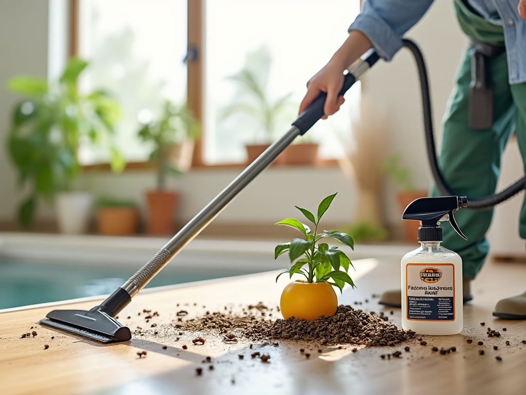 Persona aspirando tierra alrededor de una planta en maceta amarilla en un suelo de madera, con un limpiador en spray a la derecha.