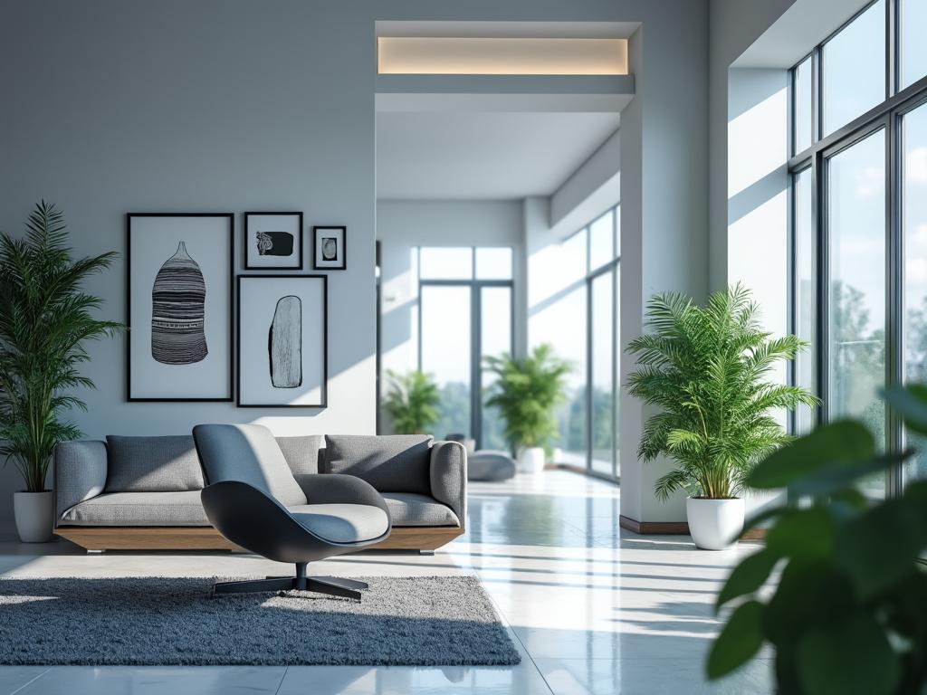 Sala de estar moderna con sofá gris, silla de diseño, alfombra gris y plantas junto a ventanales grandes. Sala de estar moderna con sofá gris, silla de diseño, alfombra gris y plantas junto a ventanales grandes.