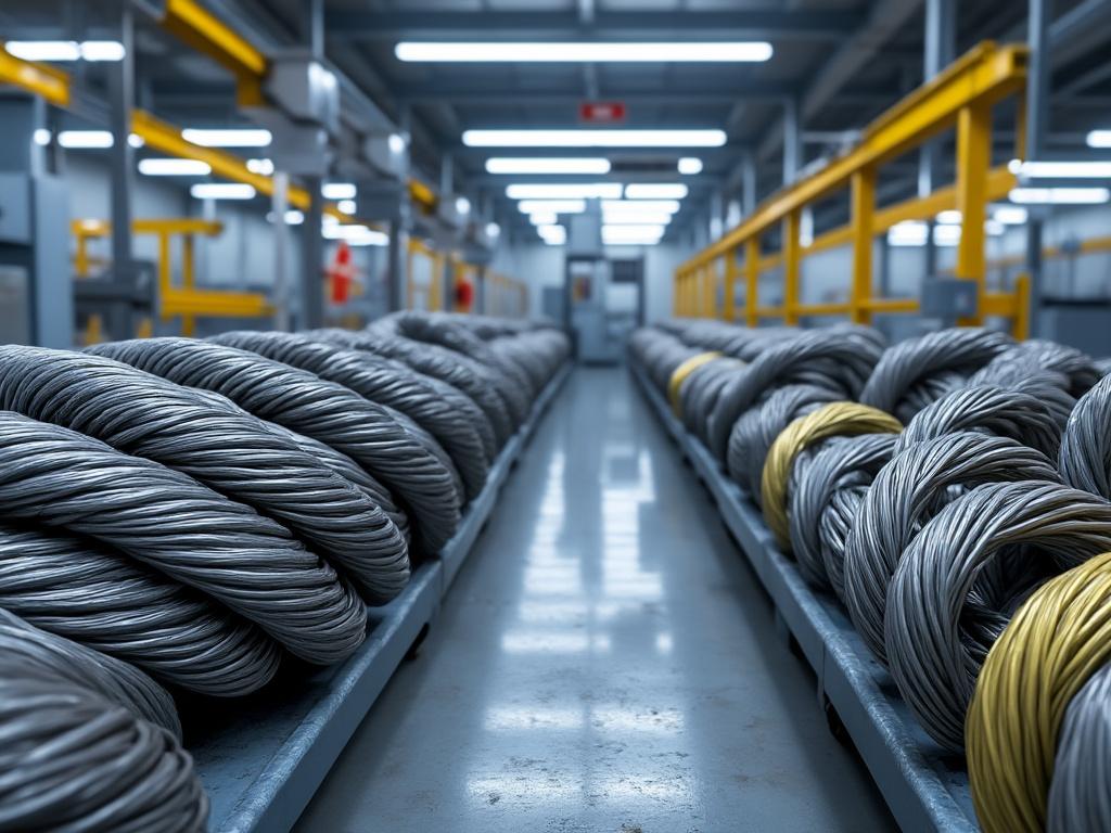 Bobinas de cables de acero en una fábrica moderna con iluminación brillante y equipo industrial.