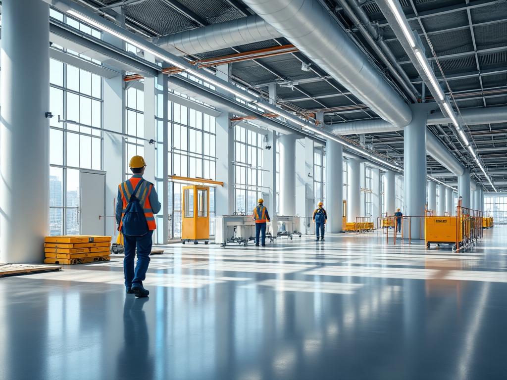 Interior de un edificio en construcción con trabajadores usando cascos y chalecos reflectantes, rodeados de cajas y equipo industrial.