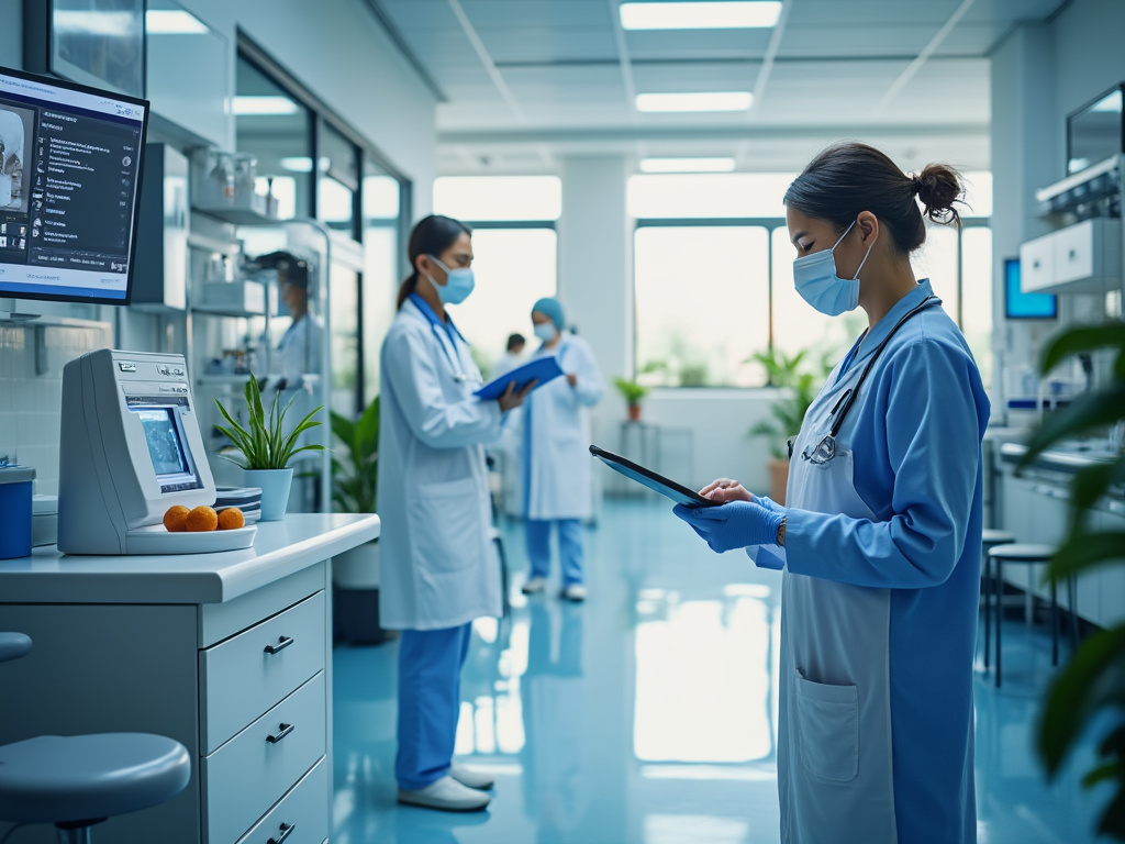 Personal médico en laboratorio moderno, usando dispositivos electrónicos y llevando mascarillas.
