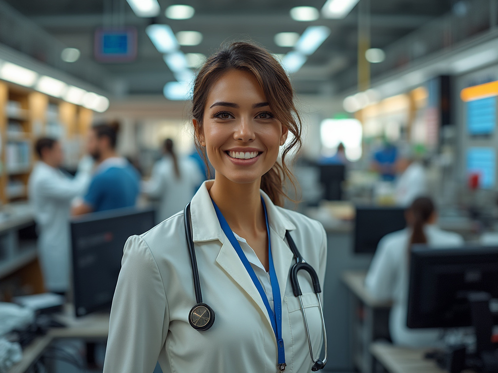Smiling female doctor with stethoscope in a modern hospital laboratory with medical staff and computer workstations