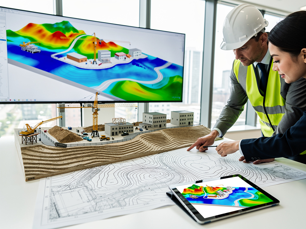 Ingenieros revisan maqueta y planos topográficos de obra con pantalla de modelado 3D en oficina