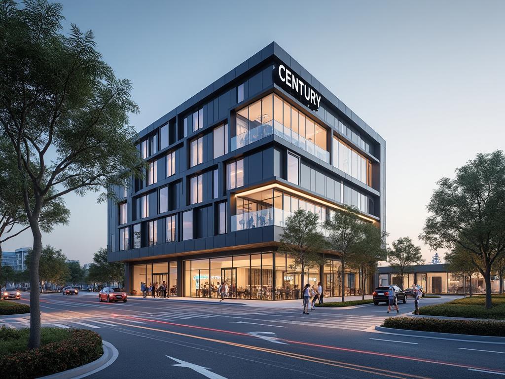 Edificio moderno de oficinas llamado 'Century', en un entorno urbano al atardecer, con calles arboladas y tráfico.