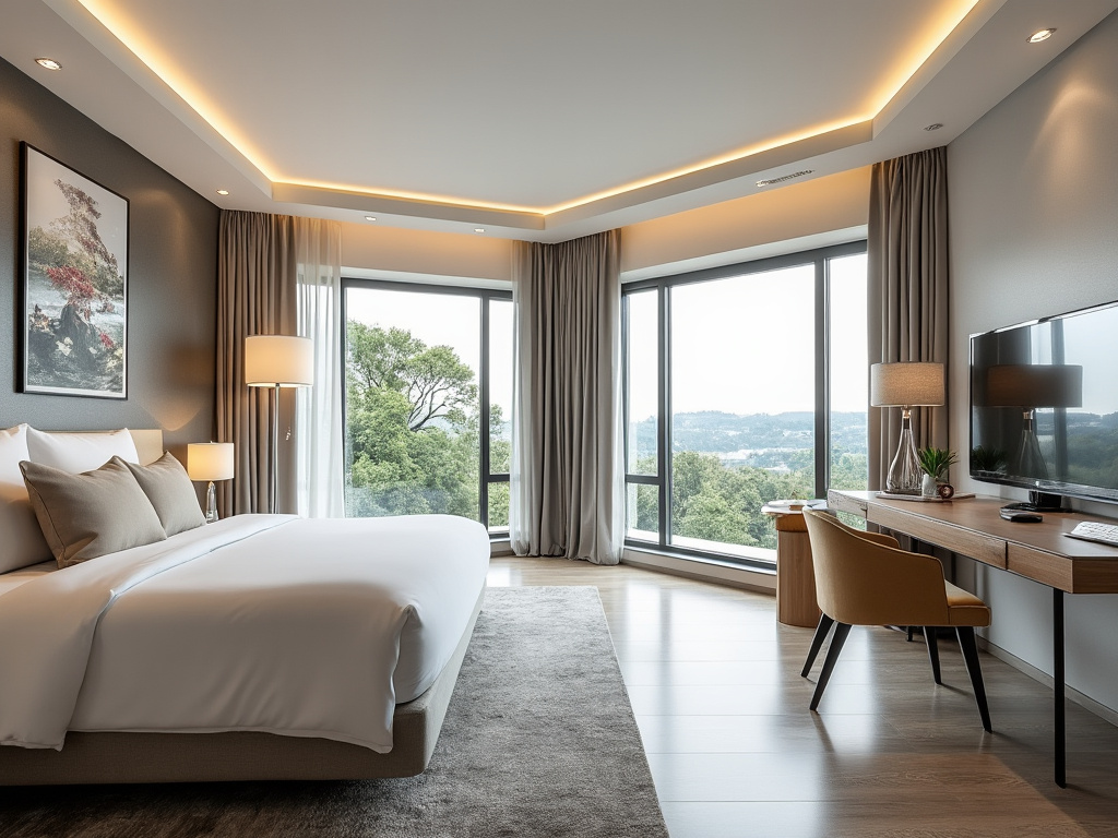 Habitación de hotel moderna con cama doble, grandes ventanales con vista al bosque, escritorio con silla y televisión.